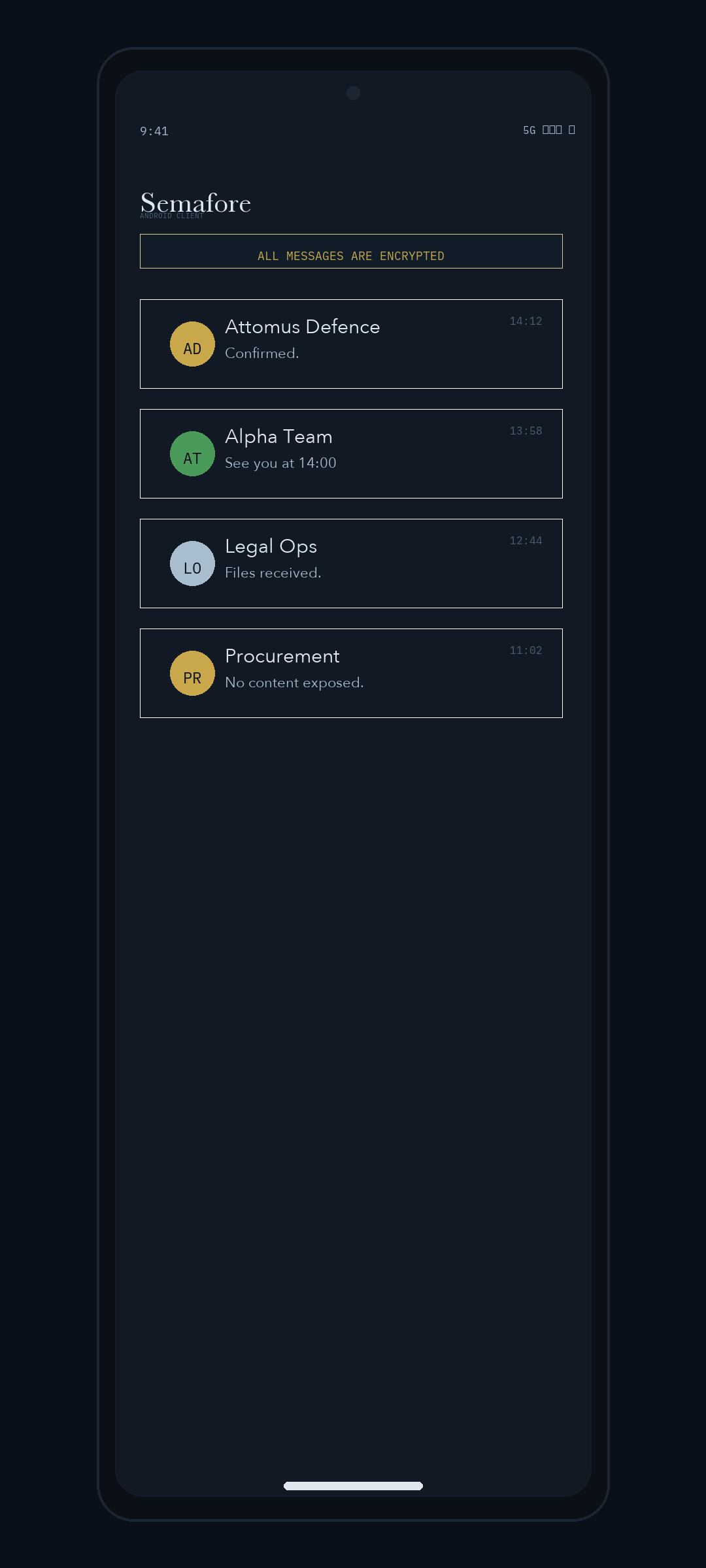SemaFore Android client showing encrypted conversation list
